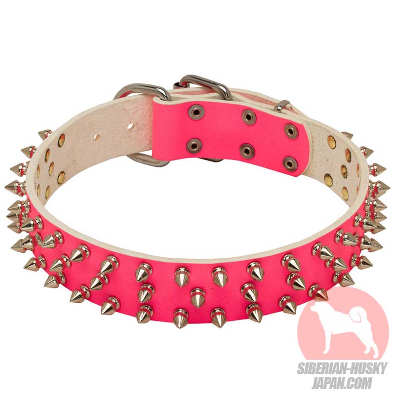 中 大型犬の雌用のおしゃれな革首輪 スパイク装飾付きピンク色の革首輪 8 442